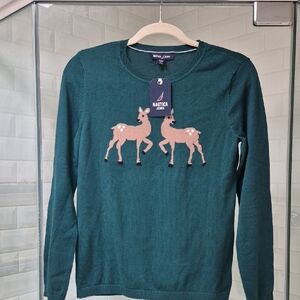 NWT Nautica Jeans Forest Green  Cotton Sweater Two Cute Deer Retail $69.50.